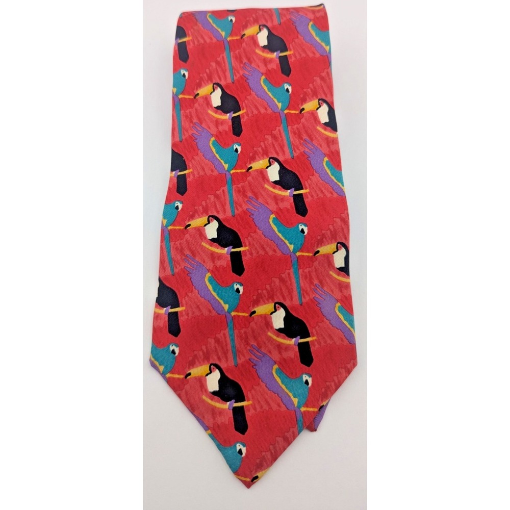 WWF World Wildlife Fund Red Silk Woven Toucan Bird Animal Print Men's Tie